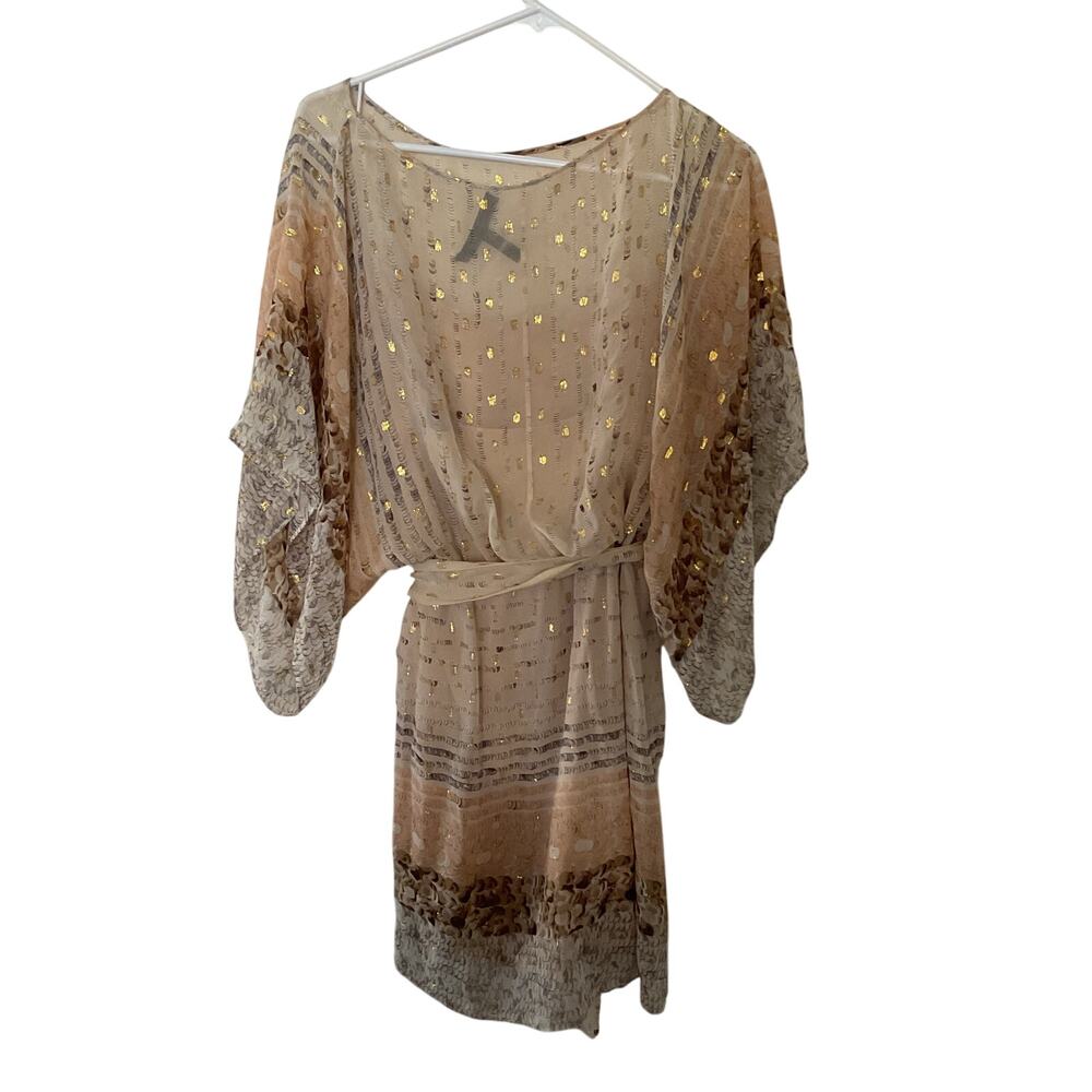 BCBGMAXAZRIA Boho Embroidered Sheer Dress Cream Gold Tunic Mini Size S Belted
